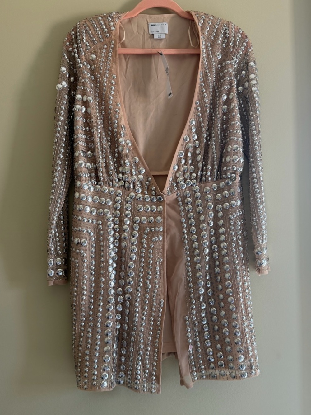 ASOS Blush Embellished V-Neck Long Sleeve Mini Dress - Picture 2 of 8